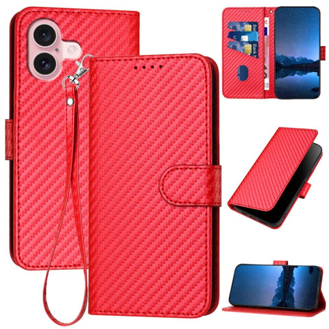 YX0070 Carbon Fiber Buckle Leather Phone Case with Lanyard, For iPhone 16 Pro, For iPhone 16 Plus, For iPhone 16, For iPhone 15 Pro Max, For iPhone 15 Pro, For iPhone 15 Plus