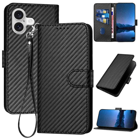 YX0070 Carbon Fiber Buckle Leather Phone Case with Lanyard, For iPhone 18 Pro / 17 Pro, For iPhone 18 Pro Max / 17 Pro Max, For iPhone 17e / 16e, For iPhone 17, For iPhone Air, For iPhone 16 Pro Max