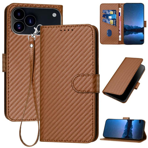 YX0070 Carbon Fiber Buckle Leather Phone Case with Lanyard, For iPhone 18 Pro / 17 Pro, For iPhone 18 Pro Max / 17 Pro Max, For iPhone 17e / 16e, For iPhone 17, For iPhone Air, For iPhone 16 Pro Max