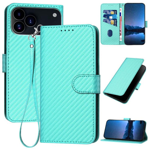 YX0070 Carbon Fiber Buckle Leather Phone Case with Lanyard, For iPhone 18 Pro / 17 Pro, For iPhone 18 Pro Max / 17 Pro Max, For iPhone 17e / 16e, For iPhone 17, For iPhone Air, For iPhone 16 Pro Max