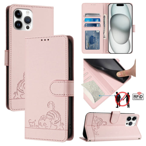 Cat Rat Embossed Pattern RFID Leather Phone Case with Lanyard, For iPhone 13 mini, For iPhone 12/12 Pro, For iPhone 12 Pro Max, For iPhone 12 mini, For iPhone 11 Pro Max, For iPhone 11, For iPhone 11 Pro, For iPhone XS / X