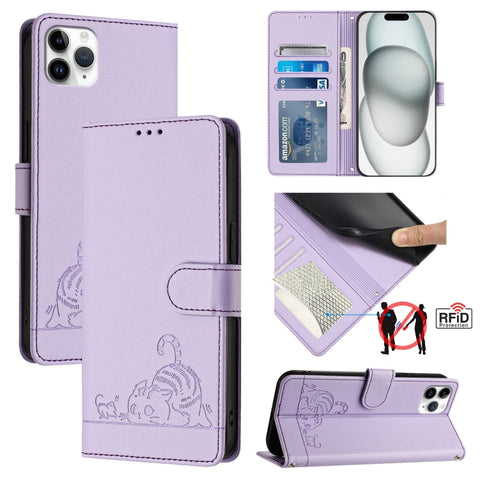 Cat Rat Embossed Pattern RFID Leather Phone Case with Lanyard, For iPhone 13 mini, For iPhone 12/12 Pro, For iPhone 12 Pro Max, For iPhone 12 mini, For iPhone 11 Pro Max, For iPhone 11, For iPhone 11 Pro, For iPhone XS / X