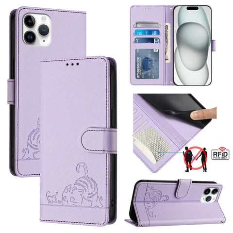 Cat Rat Embossed Pattern RFID Leather Phone Case with Lanyard, For iPhone 13 mini, For iPhone 12/12 Pro, For iPhone 12 Pro Max, For iPhone 12 mini, For iPhone 11 Pro Max, For iPhone 11, For iPhone 11 Pro, For iPhone XS / X
