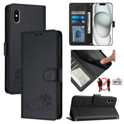Cat Rat Embossed Pattern RFID Leather Phone Case with Lanyard, For iPhone 13 mini, For iPhone 12/12 Pro, For iPhone 12 Pro Max, For iPhone 12 mini, For iPhone 11 Pro Max, For iPhone 11, For iPhone 11 Pro, For iPhone XS / X