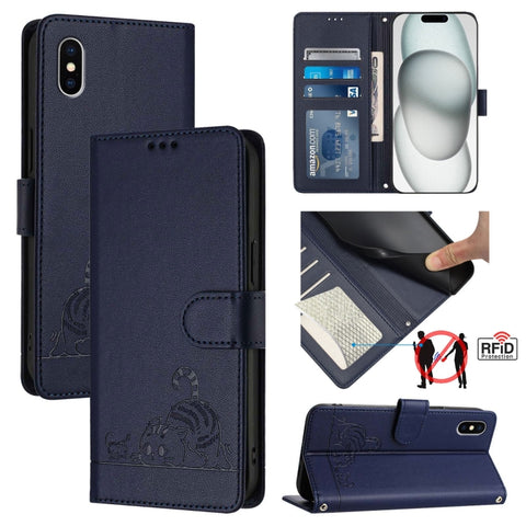 Cat Rat Embossed Pattern RFID Leather Phone Case with Lanyard, For iPhone 13 mini, For iPhone 12/12 Pro, For iPhone 12 Pro Max, For iPhone 12 mini, For iPhone 11 Pro Max, For iPhone 11, For iPhone 11 Pro, For iPhone XS / X