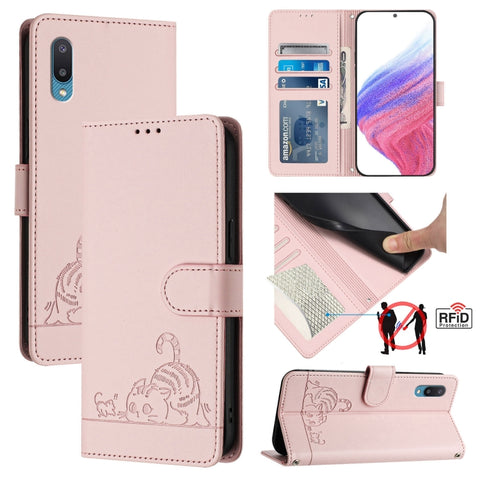Cat Rat Embossed Pattern RFID Leather Phone Case with Lanyard, For Samsung Galaxy M62, For Samsung Galaxy A32 4G, For Samsung Galaxy A02/M02, For Samsung Galaxy A72 4G, For Samsung Galaxy A12/M12, For Samsung Galaxy A02s 164mm                          ...