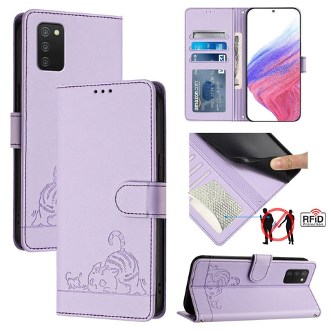 Cat Rat Embossed Pattern RFID Leather Phone Case with Lanyard, For Samsung Galaxy A32 5G/M32 5G, For Samsung Galaxy A52 4G/5G/A52s 5G, For Samsung Galaxy A03s 164mm, For Samsung Galaxy A03s 166mm, For Samsung Galaxy A03s 165.8mm US Version             ...