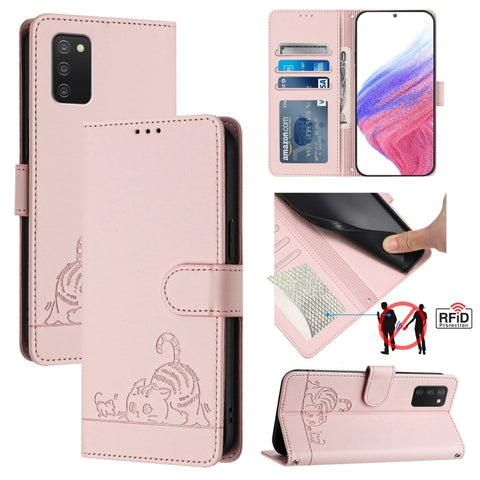 Cat Rat Embossed Pattern RFID Leather Phone Case with Lanyard, For Samsung Galaxy A32 5G/M32 5G, For Samsung Galaxy A52 4G/5G/A52s 5G, For Samsung Galaxy A03s 164mm, For Samsung Galaxy A03s 166mm, For Samsung Galaxy A03s 165.8mm US Version             ...