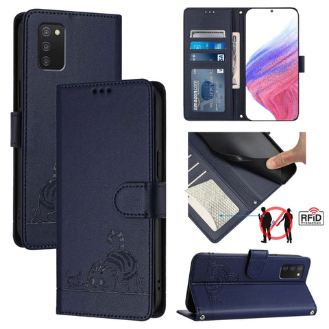 Cat Rat Embossed Pattern RFID Leather Phone Case with Lanyard, For Samsung Galaxy A32 5G/M32 5G, For Samsung Galaxy A52 4G/5G/A52s 5G, For Samsung Galaxy A03s 164mm, For Samsung Galaxy A03s 166mm, For Samsung Galaxy A03s 165.8mm US Version             ...