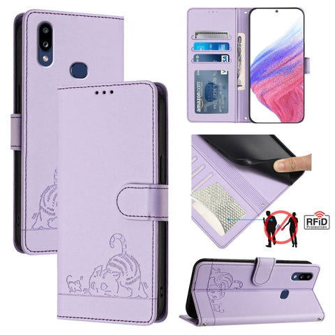 Cat Rat Embossed Pattern RFID Leather Phone Case with Lanyard, For Samsung Galaxy M62, For Samsung Galaxy A32 4G, For Samsung Galaxy A02/M02, For Samsung Galaxy A72 4G, For Samsung Galaxy A12/M12, For Samsung Galaxy A02s 164mm                          ...