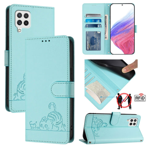 Cat Rat Embossed Pattern RFID Leather Phone Case with Lanyard, For Samsung Galaxy A32 5G/M32 5G, For Samsung Galaxy A52 4G/5G/A52s 5G, For Samsung Galaxy A03s 164mm, For Samsung Galaxy A03s 166mm, For Samsung Galaxy A03s 165.8mm US Version             ...