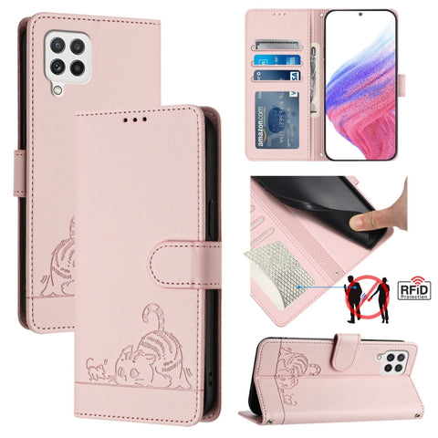 Cat Rat Embossed Pattern RFID Leather Phone Case with Lanyard, For Samsung Galaxy A32 5G/M32 5G, For Samsung Galaxy A52 4G/5G/A52s 5G, For Samsung Galaxy A03s 164mm, For Samsung Galaxy A03s 166mm, For Samsung Galaxy A03s 165.8mm US Version             ...