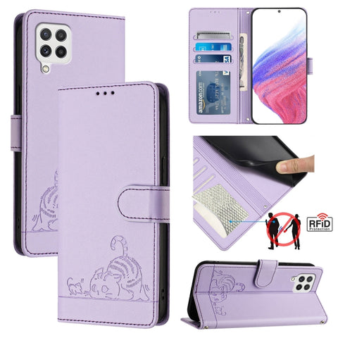 Cat Rat Embossed Pattern RFID Leather Phone Case with Lanyard, For Samsung Galaxy A32 5G/M32 5G, For Samsung Galaxy A52 4G/5G/A52s 5G, For Samsung Galaxy A03s 164mm, For Samsung Galaxy A03s 166mm, For Samsung Galaxy A03s 165.8mm US Version             ...