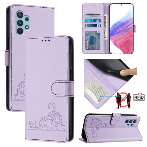 Cat Rat Embossed Pattern RFID Leather Phone Case with Lanyard, For Samsung Galaxy M62, For Samsung Galaxy A32 4G, For Samsung Galaxy A02/M02, For Samsung Galaxy A72 4G, For Samsung Galaxy A12/M12, For Samsung Galaxy A02s 164mm                          ...