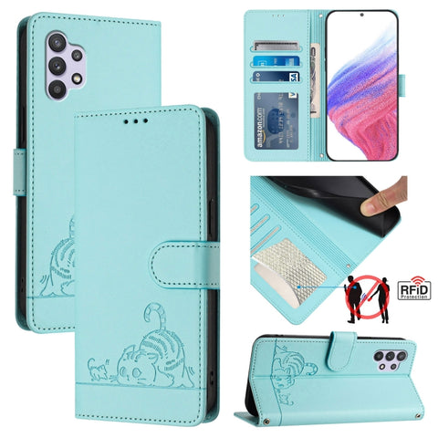 Cat Rat Embossed Pattern RFID Leather Phone Case with Lanyard, For Samsung Galaxy A32 5G/M32 5G, For Samsung Galaxy A52 4G/5G/A52s 5G, For Samsung Galaxy A03s 164mm, For Samsung Galaxy A03s 166mm, For Samsung Galaxy A03s 165.8mm US Version             ...