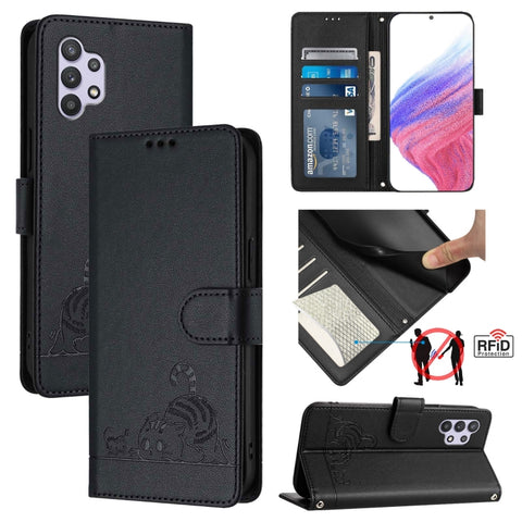 Cat Rat Embossed Pattern RFID Leather Phone Case with Lanyard, For Samsung Galaxy A32 5G/M32 5G, For Samsung Galaxy A52 4G/5G/A52s 5G, For Samsung Galaxy A03s 164mm, For Samsung Galaxy A03s 166mm, For Samsung Galaxy A03s 165.8mm US Version             ...