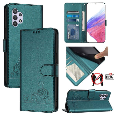 Cat Rat Embossed Pattern RFID Leather Phone Case with Lanyard, For Samsung Galaxy A32 5G/M32 5G, For Samsung Galaxy A52 4G/5G/A52s 5G, For Samsung Galaxy A03s 164mm, For Samsung Galaxy A03s 166mm, For Samsung Galaxy A03s 165.8mm US Version             ...