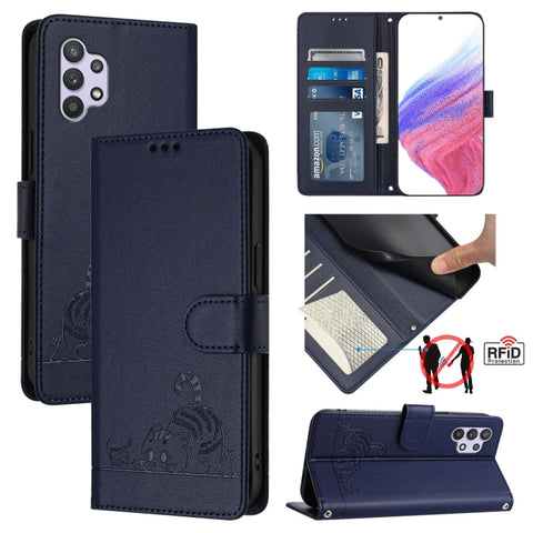 Cat Rat Embossed Pattern RFID Leather Phone Case with Lanyard, For Samsung Galaxy A32 5G/M32 5G, For Samsung Galaxy A52 4G/5G/A52s 5G, For Samsung Galaxy A03s 164mm, For Samsung Galaxy A03s 166mm, For Samsung Galaxy A03s 165.8mm US Version             ...