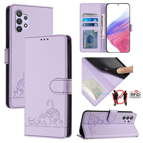 Cat Rat Embossed Pattern RFID Leather Phone Case with Lanyard, For Samsung Galaxy A32 5G/M32 5G, For Samsung Galaxy A52 4G/5G/A52s 5G, For Samsung Galaxy A03s 164mm, For Samsung Galaxy A03s 166mm, For Samsung Galaxy A03s 165.8mm US Version             ...