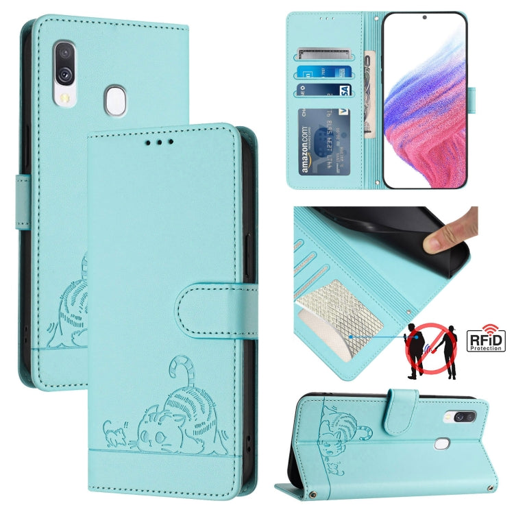 Cat Rat Embossed Pattern RFID Leather Phone Case with Lanyard, For Samsung Galaxy A40, For Samsung Galaxy A10/M10 EU Version