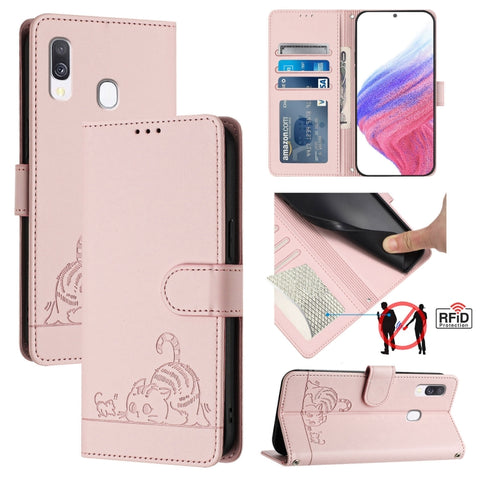 Cat Rat Embossed Pattern RFID Leather Phone Case with Lanyard, For Samsung Galaxy A40, For Samsung Galaxy A10/M10 EU Version
