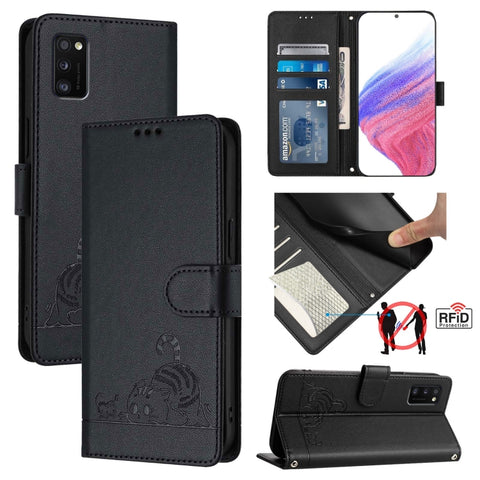 Cat Rat Embossed Pattern RFID Leather Phone Case with Lanyard, For Samsung Galaxy A32 5G/M32 5G, For Samsung Galaxy A52 4G/5G/A52s 5G, For Samsung Galaxy A03s 164mm, For Samsung Galaxy A03s 166mm, For Samsung Galaxy A03s 165.8mm US Version             ...