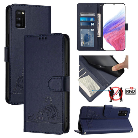 Cat Rat Embossed Pattern RFID Leather Phone Case with Lanyard, For Samsung Galaxy A32 5G/M32 5G, For Samsung Galaxy A52 4G/5G/A52s 5G, For Samsung Galaxy A03s 164mm, For Samsung Galaxy A03s 166mm, For Samsung Galaxy A03s 165.8mm US Version             ...