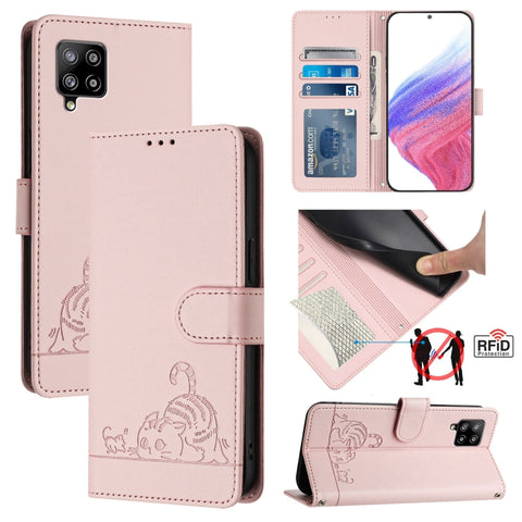 Cat Rat Embossed Pattern RFID Leather Phone Case with Lanyard, For Samsung Galaxy A32 5G/M32 5G, For Samsung Galaxy A52 4G/5G/A52s 5G, For Samsung Galaxy A03s 164mm, For Samsung Galaxy A03s 166mm, For Samsung Galaxy A03s 165.8mm US Version             ...