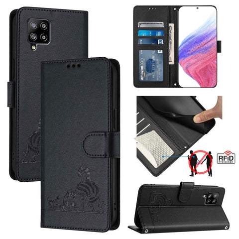 Cat Rat Embossed Pattern RFID Leather Phone Case with Lanyard, For Samsung Galaxy A32 5G/M32 5G, For Samsung Galaxy A52 4G/5G/A52s 5G, For Samsung Galaxy A03s 164mm, For Samsung Galaxy A03s 166mm, For Samsung Galaxy A03s 165.8mm US Version             ...