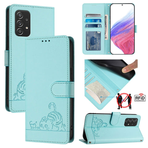 Cat Rat Embossed Pattern RFID Leather Phone Case with Lanyard, For Samsung Galaxy A32 5G/M32 5G, For Samsung Galaxy A52 4G/5G/A52s 5G, For Samsung Galaxy A03s 164mm, For Samsung Galaxy A03s 166mm, For Samsung Galaxy A03s 165.8mm US Version             ...