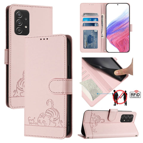 Cat Rat Embossed Pattern RFID Leather Phone Case with Lanyard, For Samsung Galaxy A32 5G/M32 5G, For Samsung Galaxy A52 4G/5G/A52s 5G, For Samsung Galaxy A03s 164mm, For Samsung Galaxy A03s 166mm, For Samsung Galaxy A03s 165.8mm US Version             ...