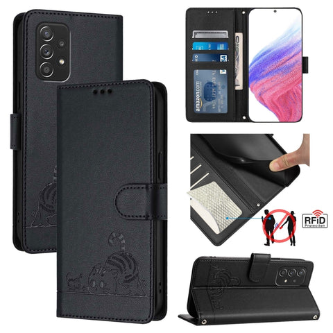 Cat Rat Embossed Pattern RFID Leather Phone Case with Lanyard, For Samsung Galaxy A32 5G/M32 5G, For Samsung Galaxy A52 4G/5G/A52s 5G, For Samsung Galaxy A03s 164mm, For Samsung Galaxy A03s 166mm, For Samsung Galaxy A03s 165.8mm US Version             ...