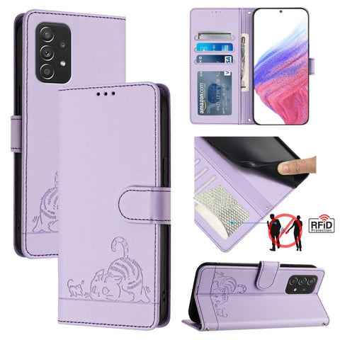 Cat Rat Embossed Pattern RFID Leather Phone Case with Lanyard, For Samsung Galaxy A32 5G/M32 5G, For Samsung Galaxy A52 4G/5G/A52s 5G, For Samsung Galaxy A03s 164mm, For Samsung Galaxy A03s 166mm, For Samsung Galaxy A03s 165.8mm US Version             ...
