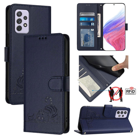 Cat Rat Embossed Pattern RFID Leather Phone Case with Lanyard, For Samsung Galaxy M62, For Samsung Galaxy A32 4G, For Samsung Galaxy A02/M02, For Samsung Galaxy A72 4G, For Samsung Galaxy A12/M12, For Samsung Galaxy A02s 164mm                          ...