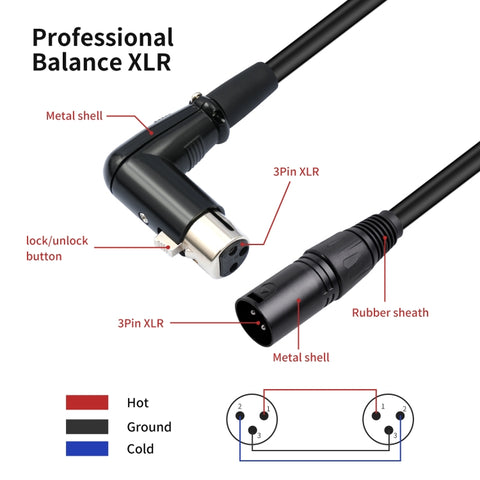 XK041L XLR 3pin Straight Male to Elbow Female Audio Cable, 0.3m, 1m, 2m, 3m, 5m, 10m