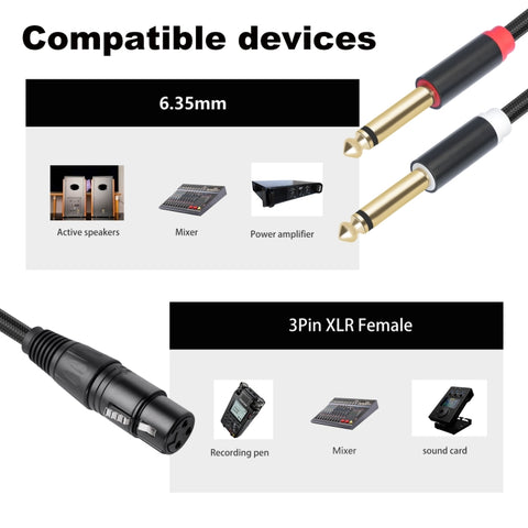 2020Y63 XLR Female to Dual 6.35mm 1/4 TRS Male Y-type Audio Cable, 1m, 2m, 3m