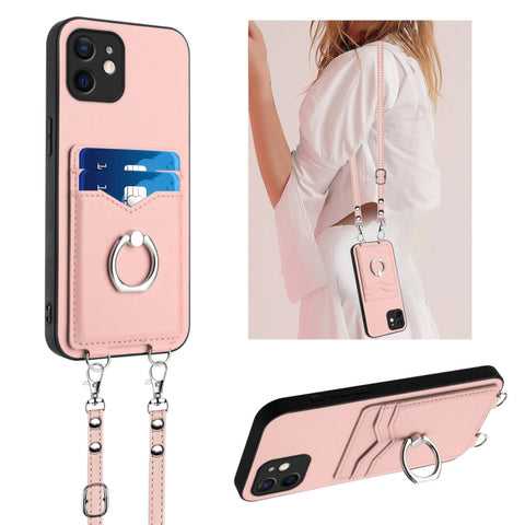 R20 Crossbody Rope Ring Card Holder Phone Case, For iPhone 13 mini, For iPhone 12, For iPhone 12 Pro Max, For iPhone 12 Pro, For iPhone 12 mini, For iPhone 11 Pro Max, For iPhone 11, For iPhone 11 Pro
