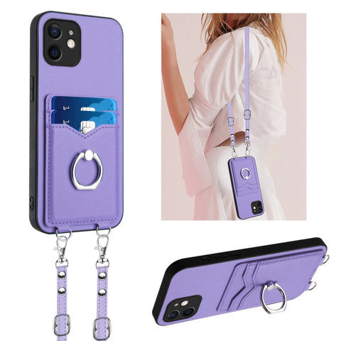 R20 Crossbody Rope Ring Card Holder Phone Case, For iPhone 13 mini, For iPhone 12, For iPhone 12 Pro Max, For iPhone 12 Pro, For iPhone 12 mini, For iPhone 11 Pro Max, For iPhone 11, For iPhone 11 Pro