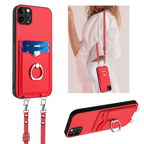 R20 Crossbody Rope Ring Card Holder Phone Case, For iPhone 13 mini, For iPhone 12, For iPhone 12 Pro Max, For iPhone 12 Pro, For iPhone 12 mini, For iPhone 11 Pro Max, For iPhone 11, For iPhone 11 Pro