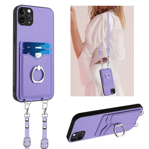 R20 Crossbody Rope Ring Card Holder Phone Case, For iPhone 13 mini, For iPhone 12, For iPhone 12 Pro Max, For iPhone 12 Pro, For iPhone 12 mini, For iPhone 11 Pro Max, For iPhone 11, For iPhone 11 Pro