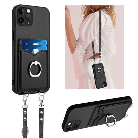 R20 Crossbody Rope Ring Card Holder Phone Case, For iPhone 13 mini, For iPhone 12, For iPhone 12 Pro Max, For iPhone 12 Pro, For iPhone 12 mini, For iPhone 11 Pro Max, For iPhone 11, For iPhone 11 Pro