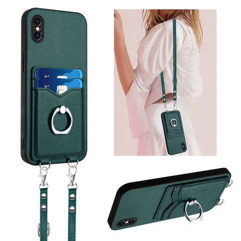 R20 Crossbody Rope Ring Card Holder Phone Case, For iPhone XS / X, For iPhone XR, For iPhone XS Max, For iPhone 8 Plus / 7 Plus