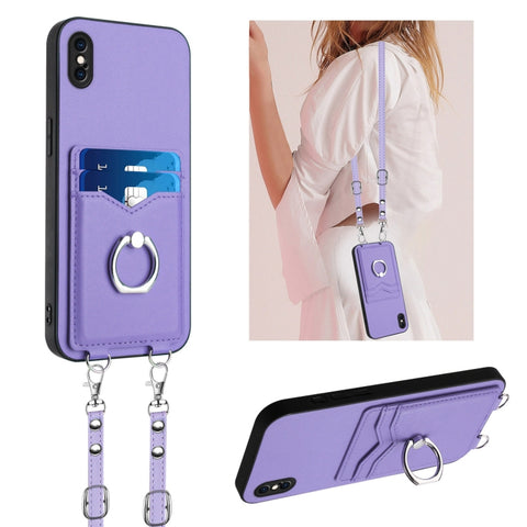 R20 Crossbody Rope Ring Card Holder Phone Case, For iPhone XS / X, For iPhone XR, For iPhone XS Max, For iPhone 8 Plus / 7 Plus