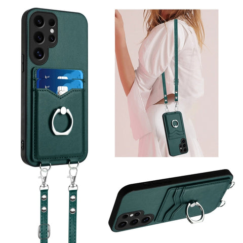 R20 Crossbody Rope Ring Card Holder Phone Case, For Samsung Galaxy S24 Ultra 5G, For Samsung Galaxy S24+ 5G, For Samsung Galaxy S24 5G, For Samsung Galaxy S23 FE 5G, For Samsung Galaxy S23 Ultra 5G, For Samsung Galaxy S23+ 5G, For Samsung Galaxy S23 5G...