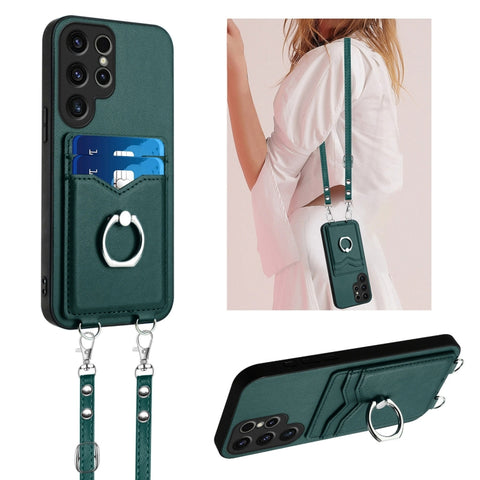 R20 Crossbody Rope Ring Card Holder Phone Case, For Samsung Galaxy S24 Ultra 5G, For Samsung Galaxy S24+ 5G, For Samsung Galaxy S24 5G, For Samsung Galaxy S23 FE 5G, For Samsung Galaxy S23 Ultra 5G, For Samsung Galaxy S23+ 5G, For Samsung Galaxy S23 5G...