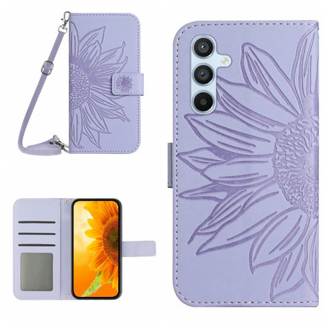 Skin Feel Sun Flower Embossed Flip Leather Phone Case with Lanyard, For Samsung Galaxy S25+ 5G, For Samsung Galaxy S25 Ultra 5G, For Samsung Galaxy S24 FE