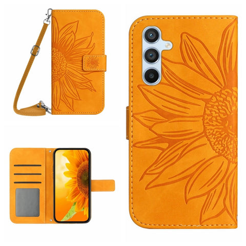 Skin Feel Sun Flower Embossed Flip Leather Phone Case with Lanyard, For Samsung Galaxy S25+ 5G, For Samsung Galaxy S25 Ultra 5G, For Samsung Galaxy S24 FE