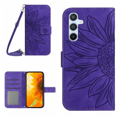 Skin Feel Sun Flower Embossed Flip Leather Phone Case with Lanyard, For Samsung Galaxy S25+ 5G, For Samsung Galaxy S25 Ultra 5G, For Samsung Galaxy S24 FE