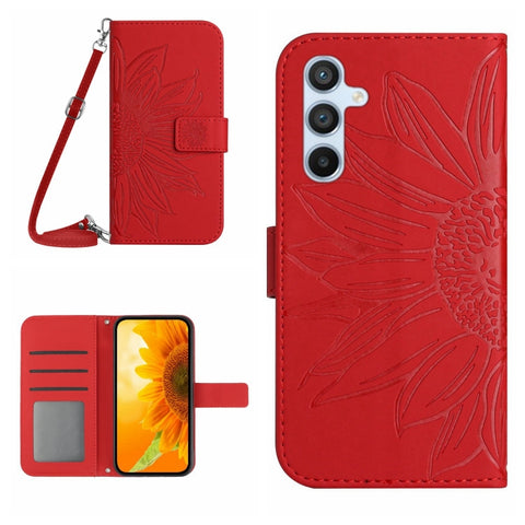 Skin Feel Sun Flower Embossed Flip Leather Phone Case with Lanyard, For Samsung Galaxy S25+ 5G, For Samsung Galaxy S25 Ultra 5G, For Samsung Galaxy S24 FE