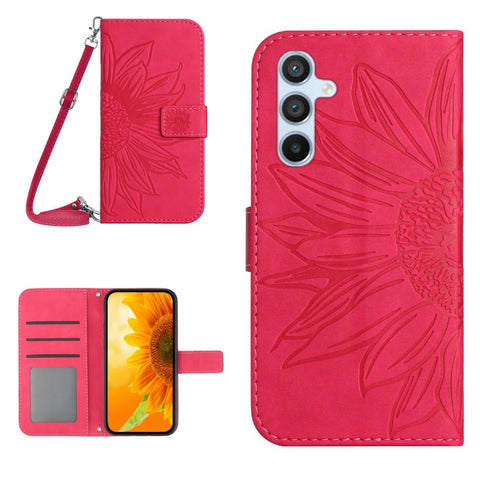 Skin Feel Sun Flower Embossed Flip Leather Phone Case with Lanyard, For Samsung Galaxy S25+ 5G, For Samsung Galaxy S25 Ultra 5G, For Samsung Galaxy S24 FE